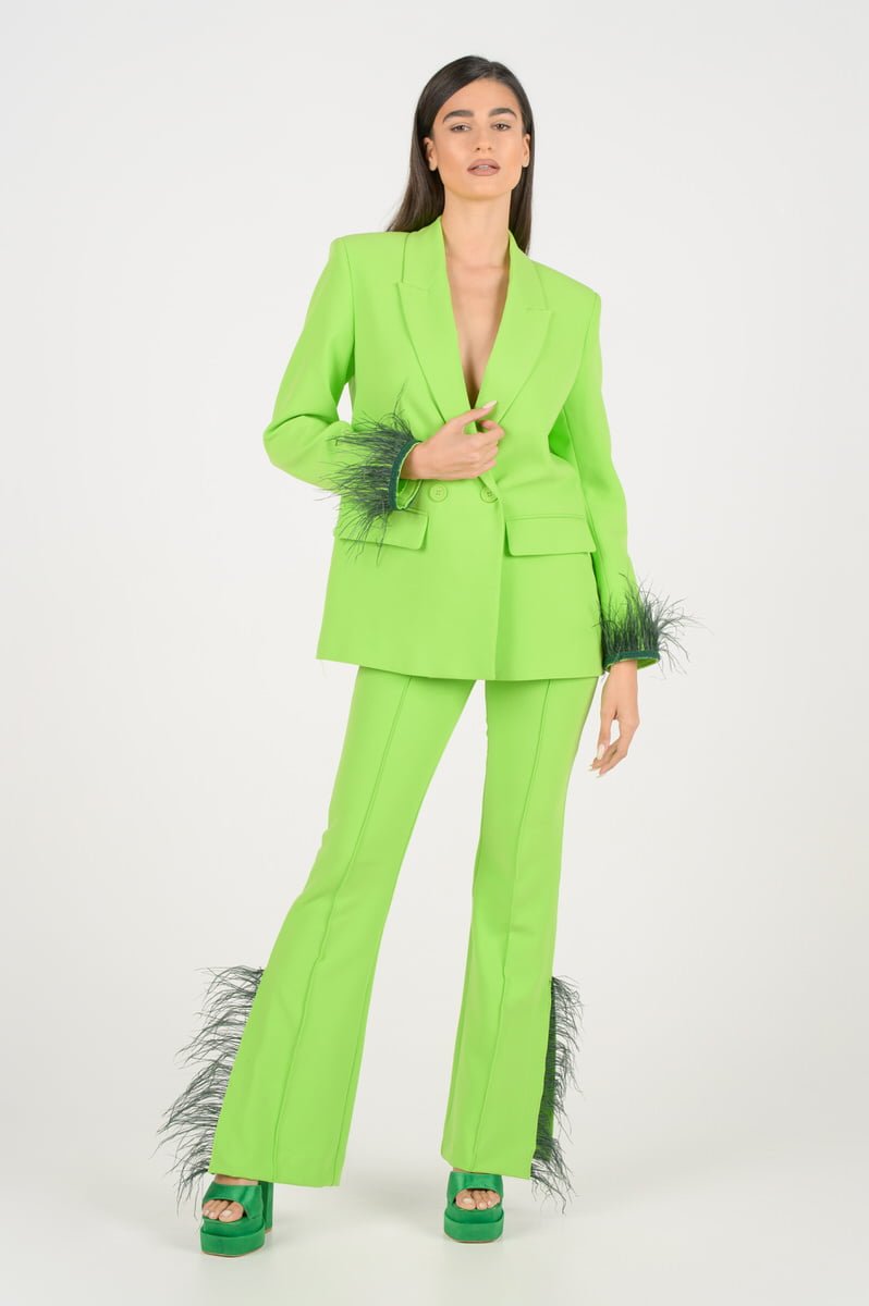 Neon Green Feathered suit.