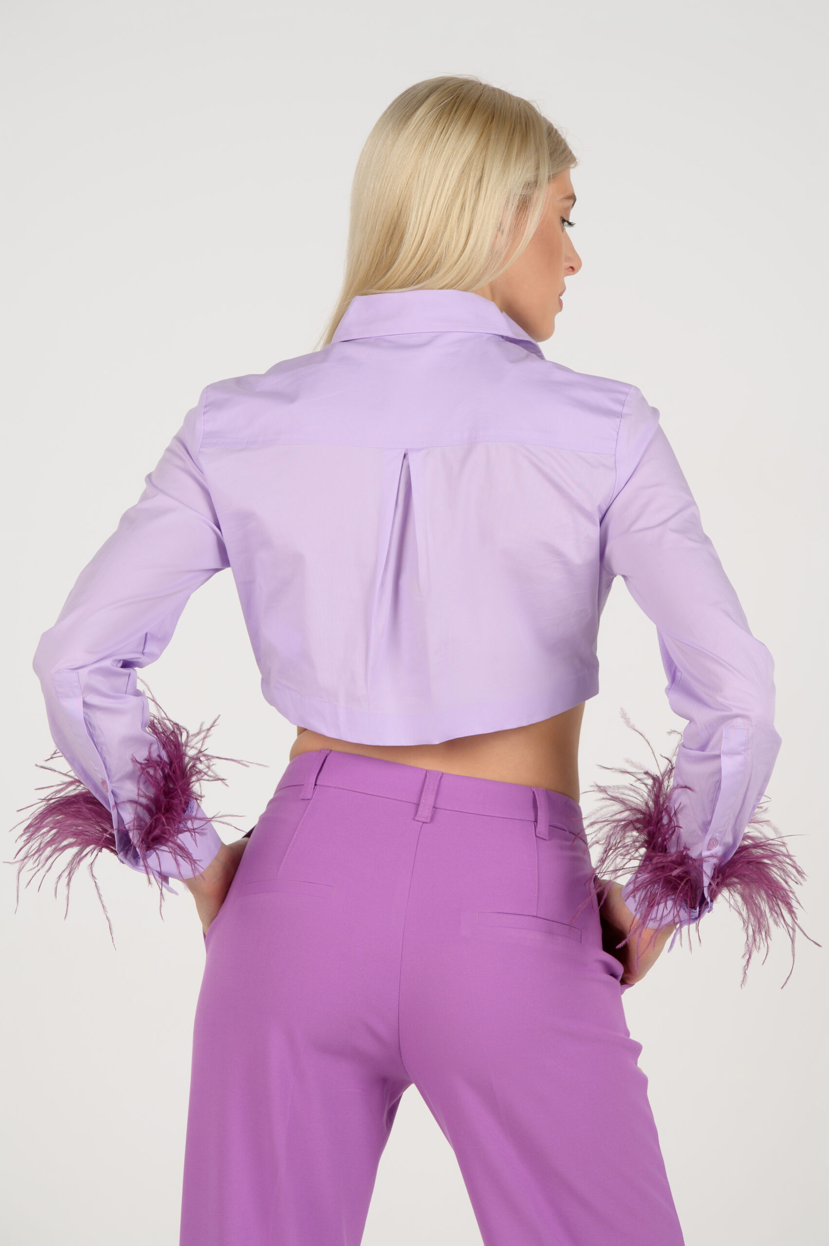 Cropped purple shirt with feathers on the sleeves