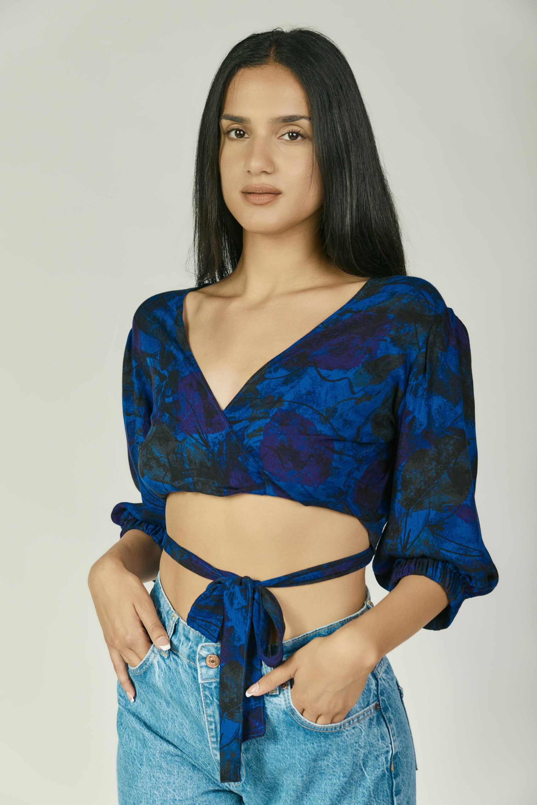 Floral Top in blue and black.