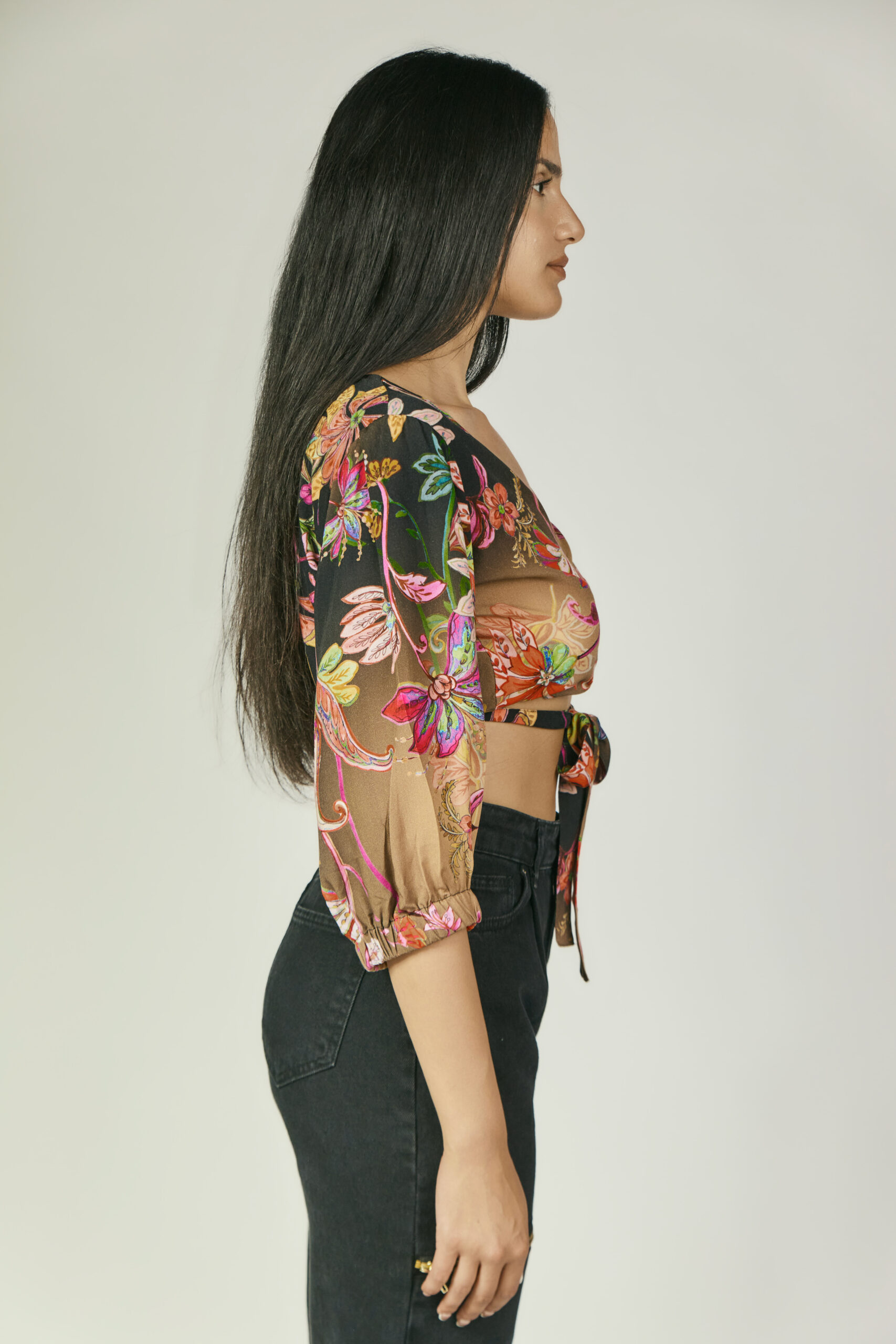 Floral Top in brown and multicolor flowers, side.