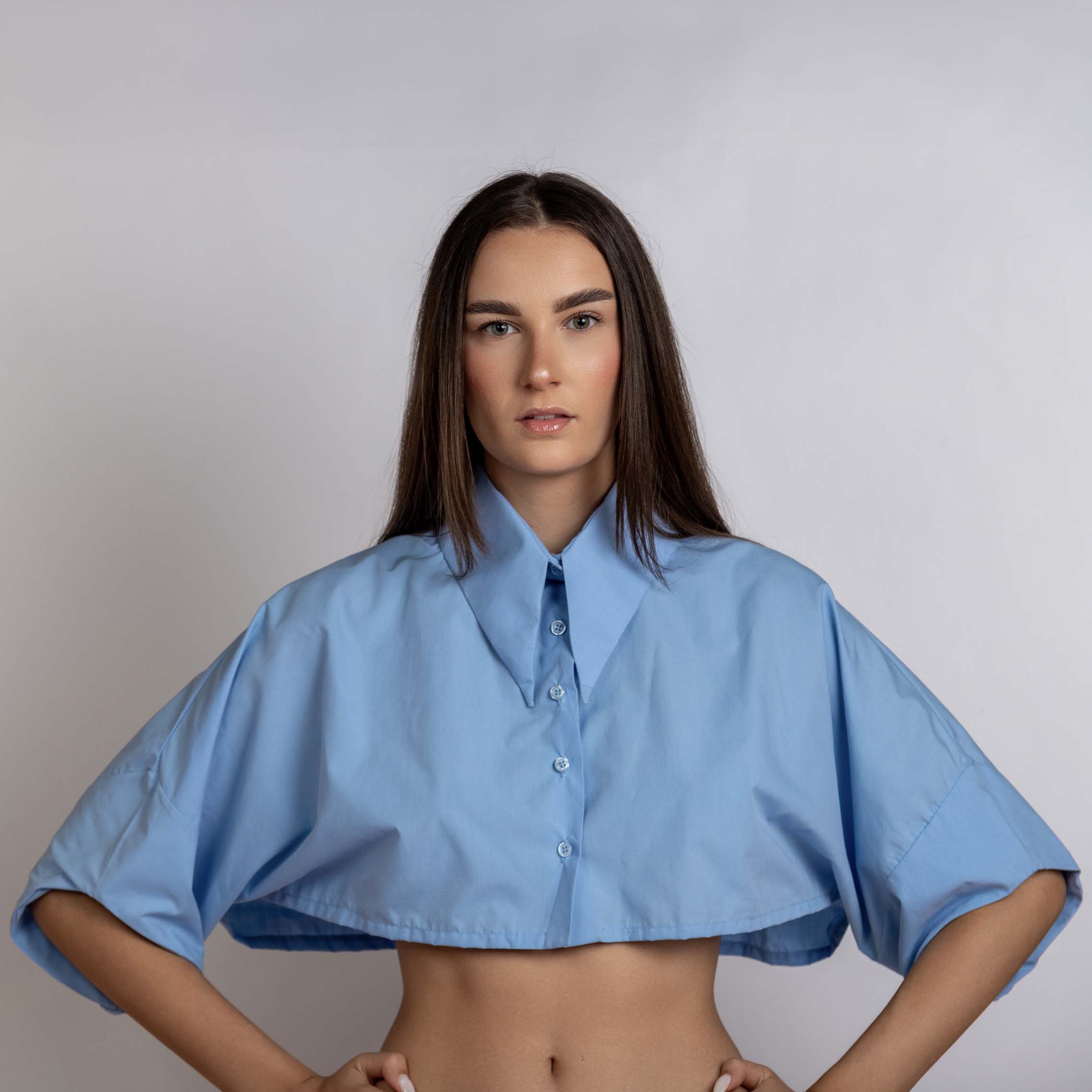 Sky Blue Cropped Poplin Shirt, with bat sleeves, front.