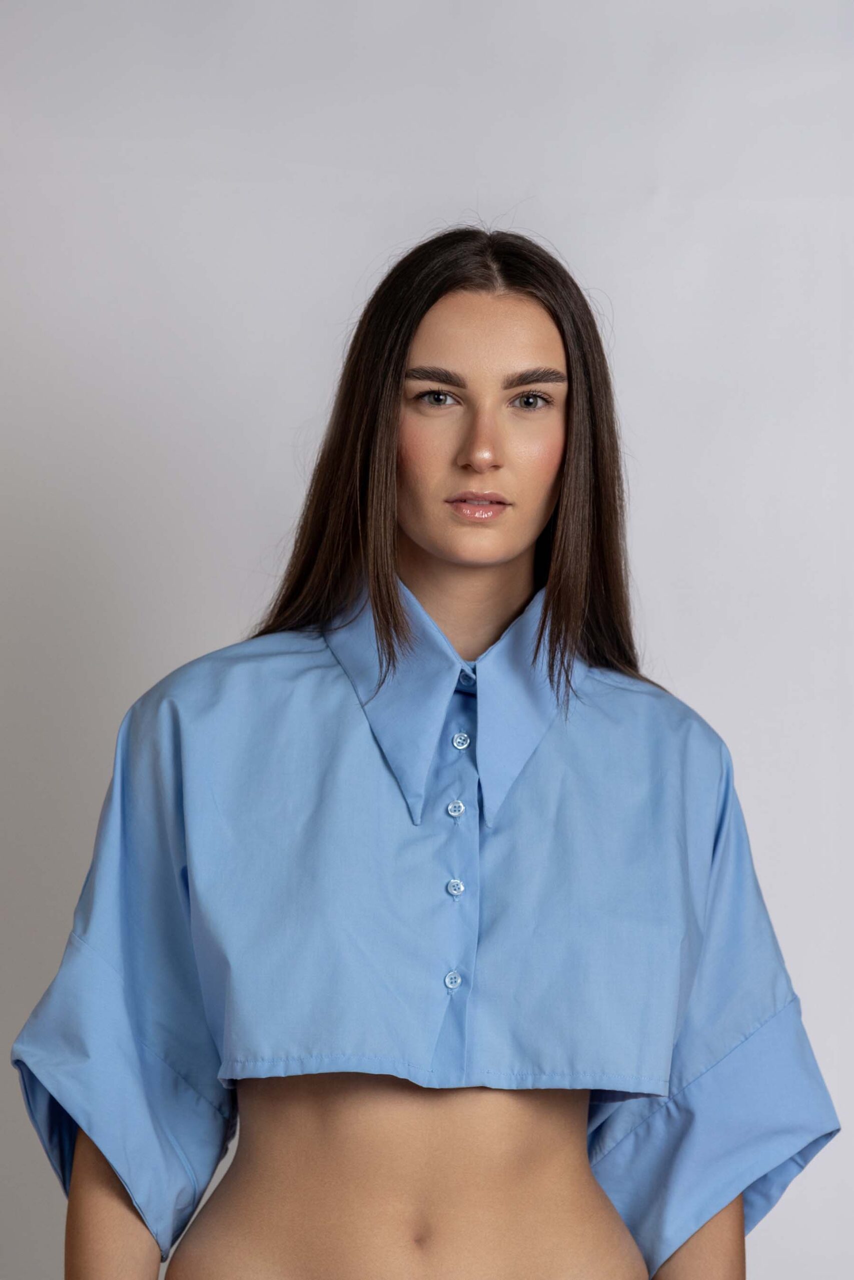 Sky Blue Cropped Poplin Shirt, with bat sleeves, front.