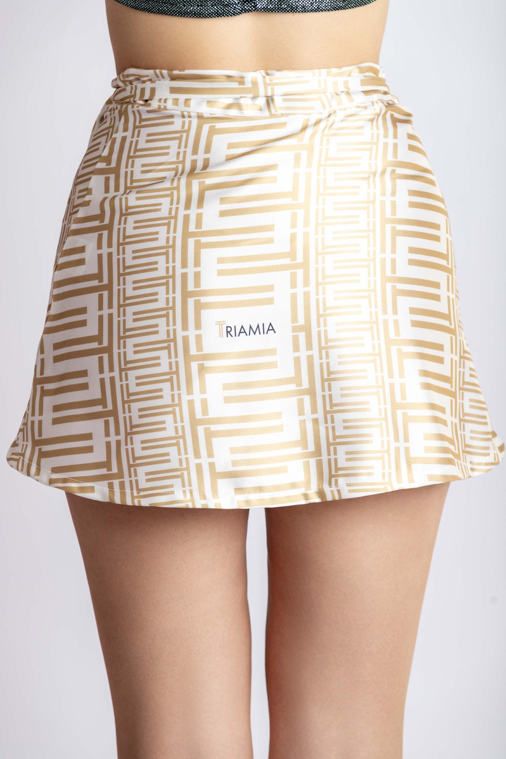Mini wrap-around skirt, with triamia print on, back,