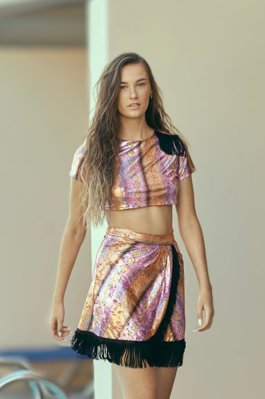 Snake print top with fringes and snake print skirt with fringes