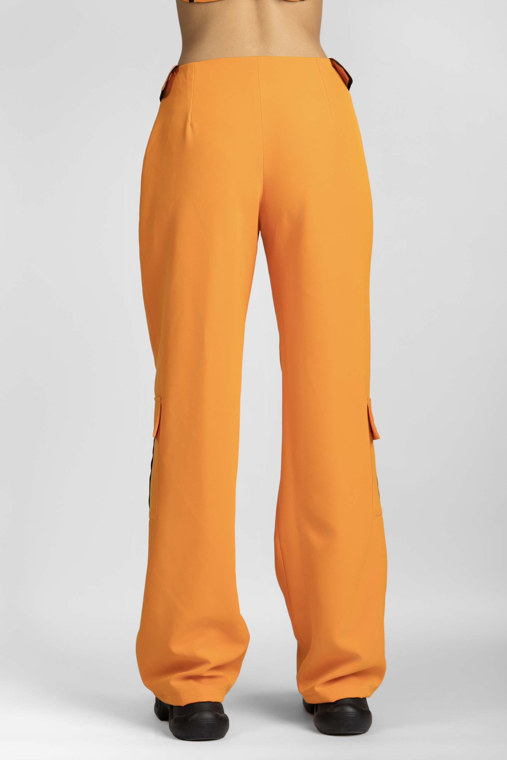 Orange Straight leg pants, with dtripe details, collar on the waist and zipper, back photo.