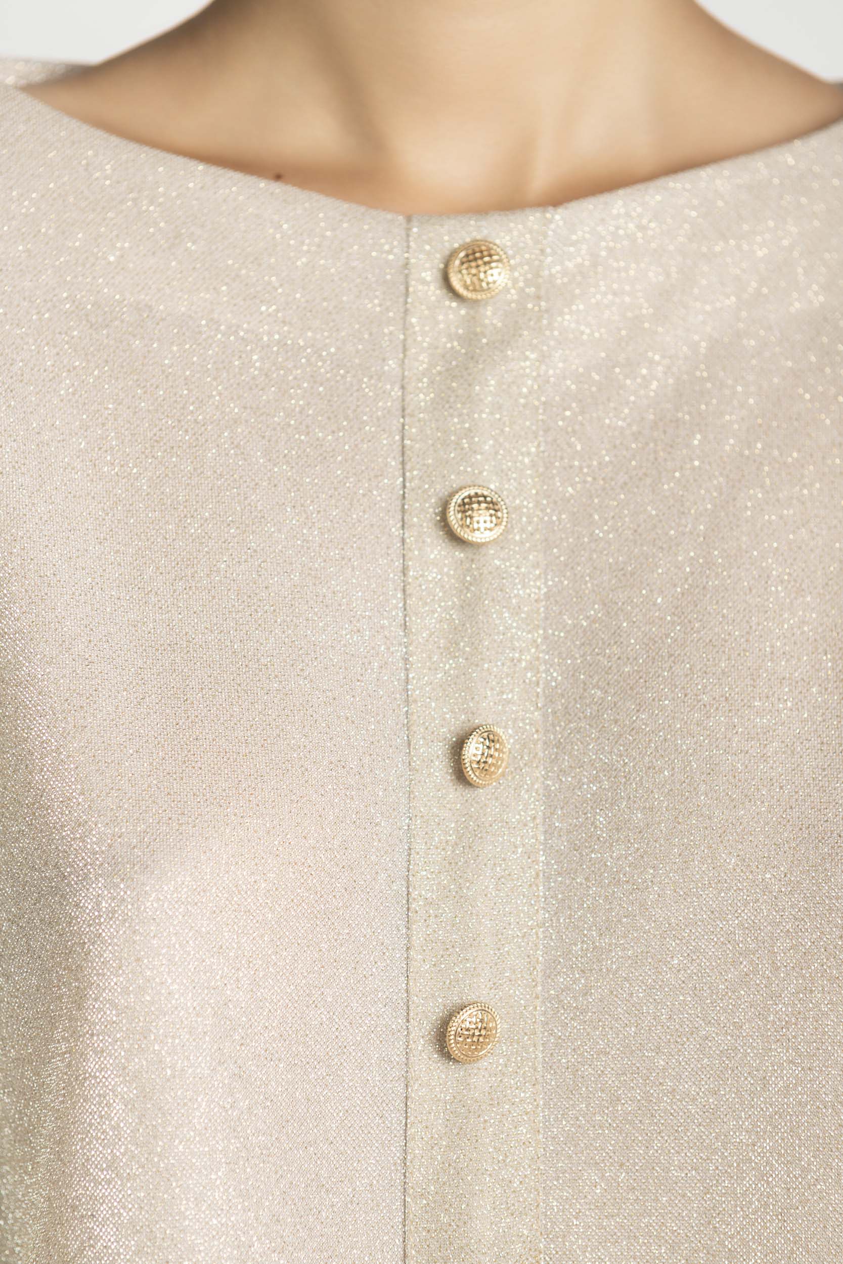 Gold Glitter Transparent Top, gold buttons details.