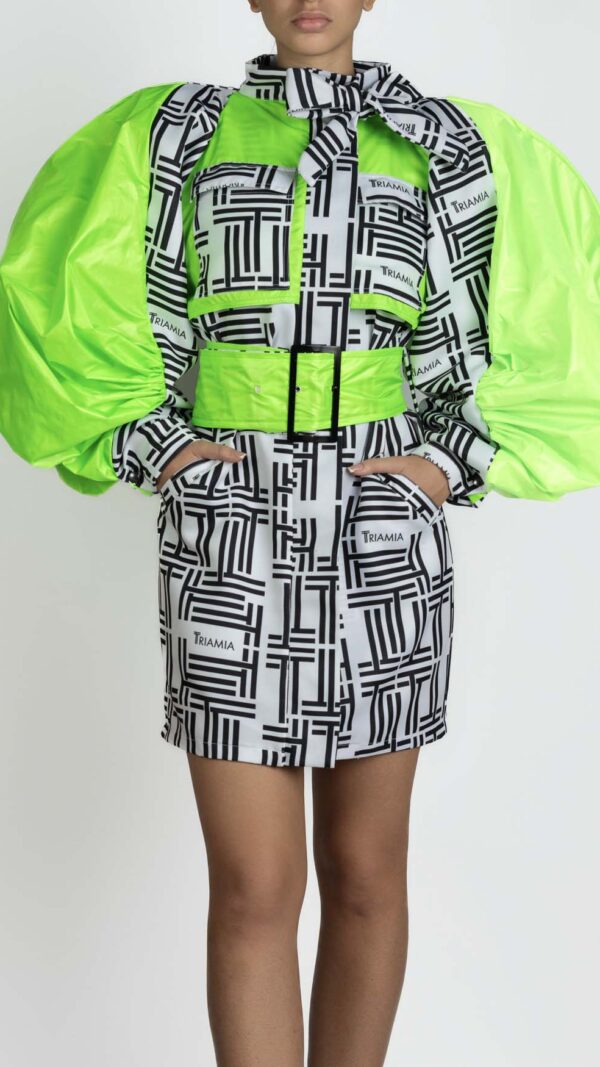 Trench Coat with Triamia Print and neon green details.