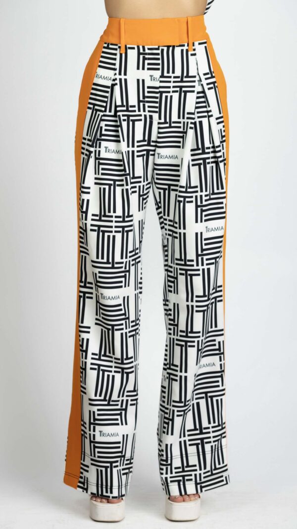 Trousers with triamia print all over and an orange stripe on the sides and on the waistband. Front.