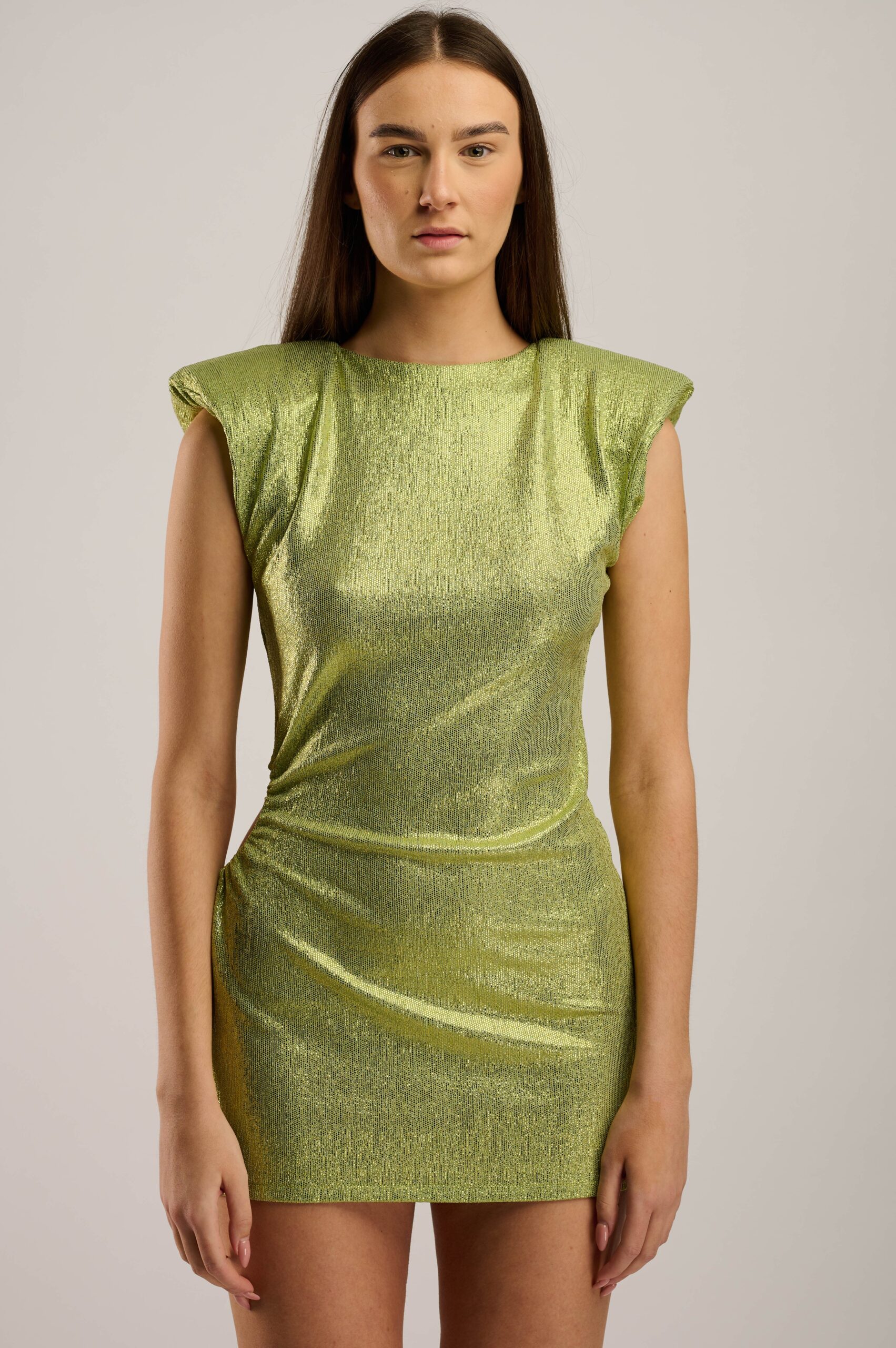 Sleeveless Light Green Foil Lurex Mini Dress with a cut-out detail on the waist and shoulder pads