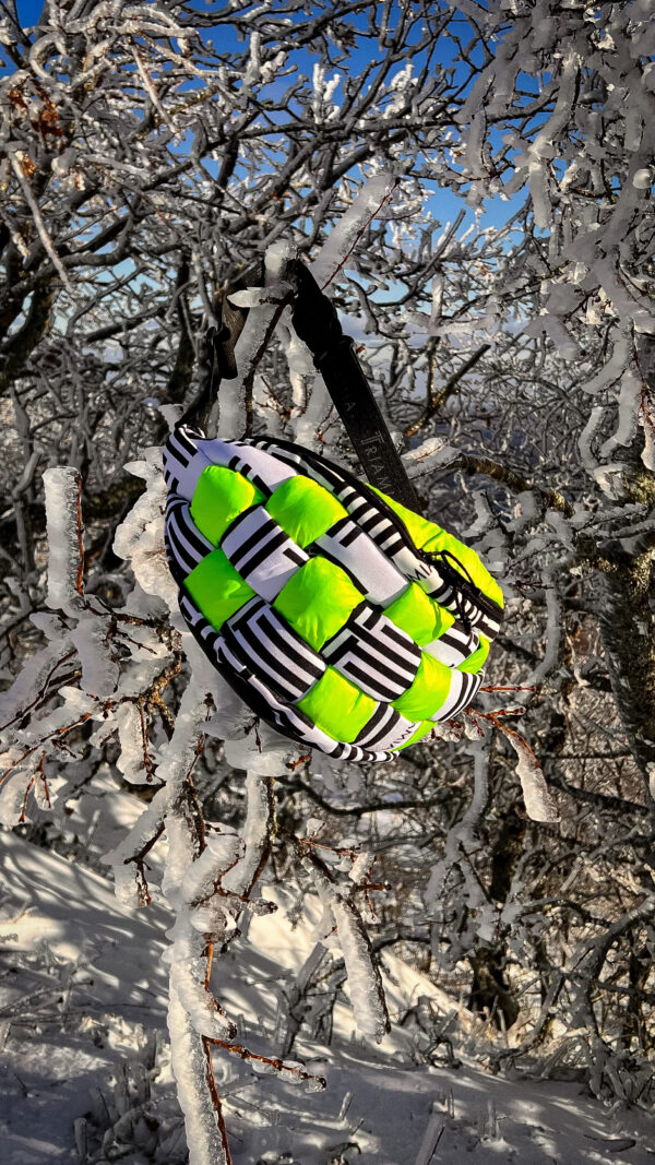 Βelt bag in neon green with black & white triamia details.