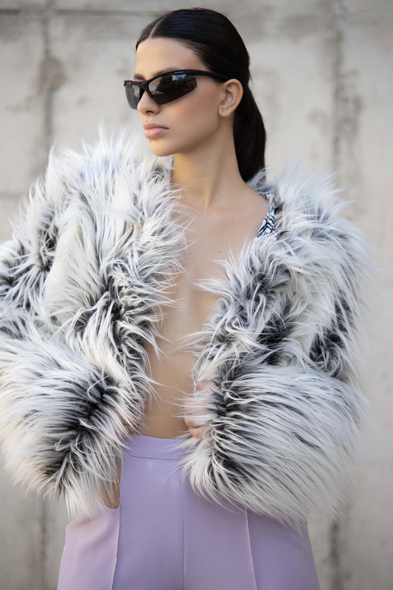 Faux Fur Long-haired Coat in grey.